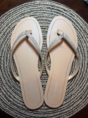 David's Bridal Gold Rhinestone Strap Flip Flop Sandals